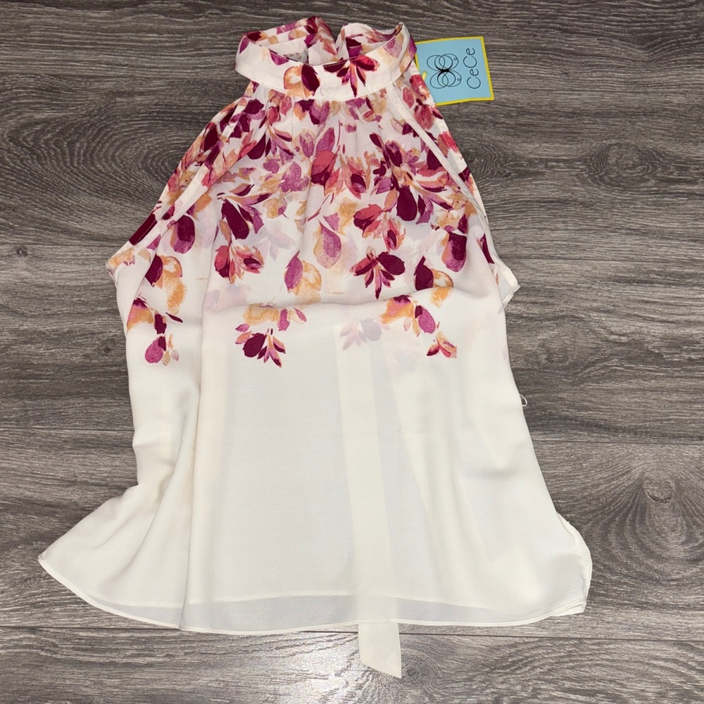 CeCe Floral Print Halter Blouse - Pink and White